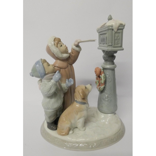 504 - Lladro model group 'Christmas Wishes' children posting a letter to Santa with original box