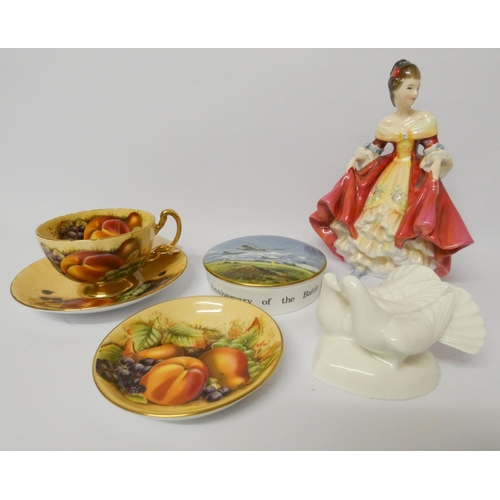 509 - An Aynsley Orchard Gold cabinet cup and saucer, pin dish, Royal Doulton figure etc