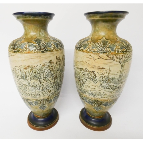 518 - A pair of Royal Doulton stoneware vases by Hannah Barlow, one with incised decoration of horse and h... 