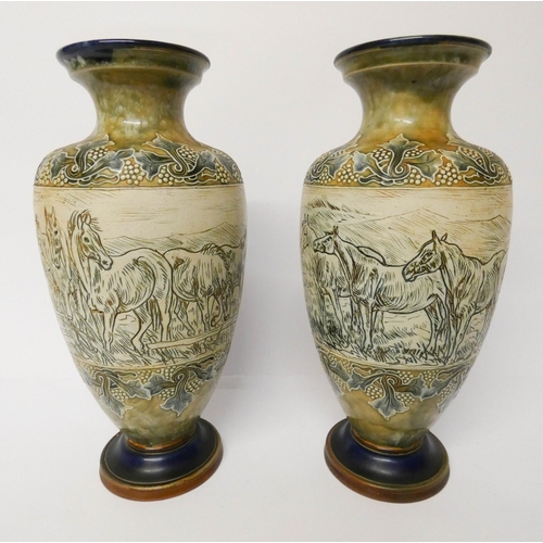 518 - A pair of Royal Doulton stoneware vases by Hannah Barlow, one with incised decoration of horse and h... 