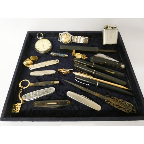 524 - A tray of collectables to include, silver cased fob watch, fruit knife, vintage fountain pens etc