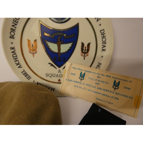 529 - Of SAS interest, a collection to include car badge, heraldic shield, badges, beret, tie and commemor... 