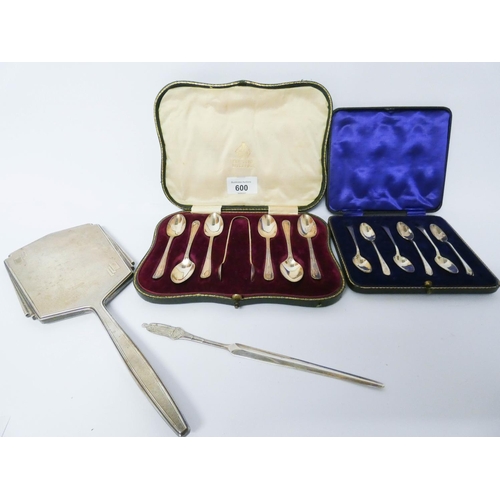 600 - Two sets of hallmarked silver spoons in fitted boxes, silver backed Art Deco dressing table mirror a... 