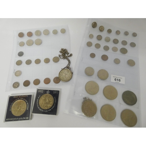 616 - A collection of antique and pre decimal coinage, silver jubilee crowns etc