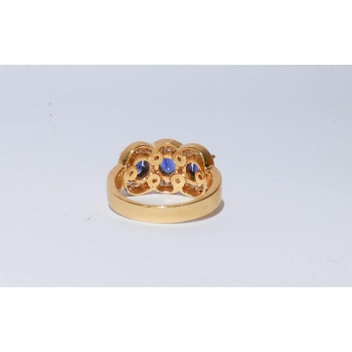 675 - A quality modern sapphire and diamond triple cluster ring, of three large oval sapphires of good col... 