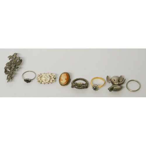 343 - Edwardian silver brooches, marcasite, silver wedding band and other silver dress rings etc