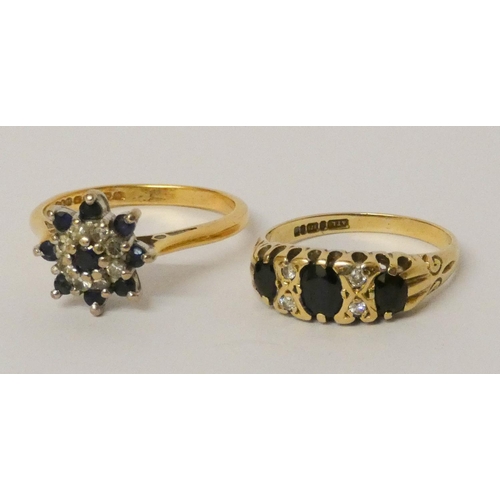 634 - An 18ct gold sapphire and diamond cluster ring, size Q and a 9ct gold sapphire and diamond half hoop... 