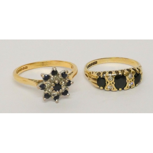 634 - An 18ct gold sapphire and diamond cluster ring, size Q and a 9ct gold sapphire and diamond half hoop... 