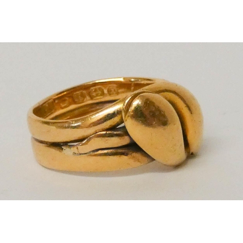 635 - Victorian 18ct yellow gold double snakes head design ring, Birmingham hallmarks, ring size N, weight... 