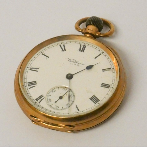 640 - Late 19th century Waltham pocket watch in 9ct gold case. Gross weight 90 grams.