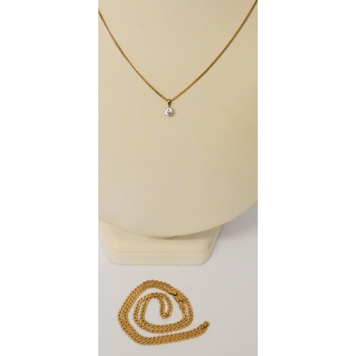 646 - 9ct yellow gold flattened link necklace and a 9ct chain necklace with CZ pendant. 11 grams