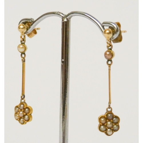 662 - Pair of Victorian 15ct yellow gold and seed pearl cluster drop earrings. marked 15ct.