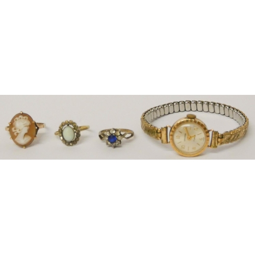 666 - A 9ct gold cameo set dress ring, two further dress rings and  Sekonda vintage dress watch