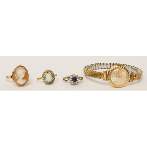 666 - A 9ct gold cameo set dress ring, two further dress rings and  Sekonda vintage dress watch