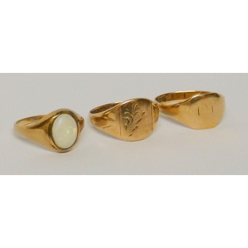 677 - Two 9ct gold signet rings and an opal set signet ring. Gross weight 4.5 grams, all size G