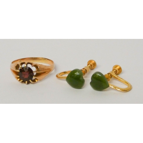 680 - Victorian gold and garnet signet ring and a pair of chalcedony 9ct gold earrings with screw fittings