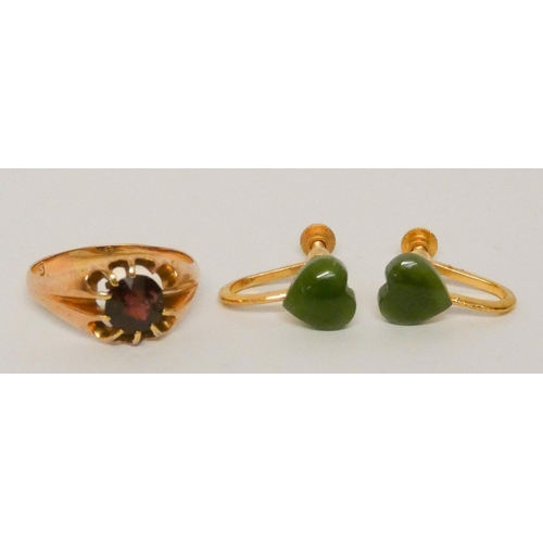 680 - Victorian gold and garnet signet ring and a pair of chalcedony 9ct gold earrings with screw fittings