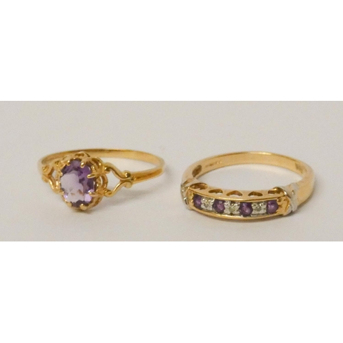 682 - Two 9ct gold amethyst set rings, a single stone size Q and an amethyst and diamond half hoop ring, s... 