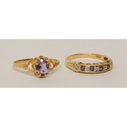 682 - Two 9ct gold amethyst set rings, a single stone size Q and an amethyst and diamond half hoop ring, s... 