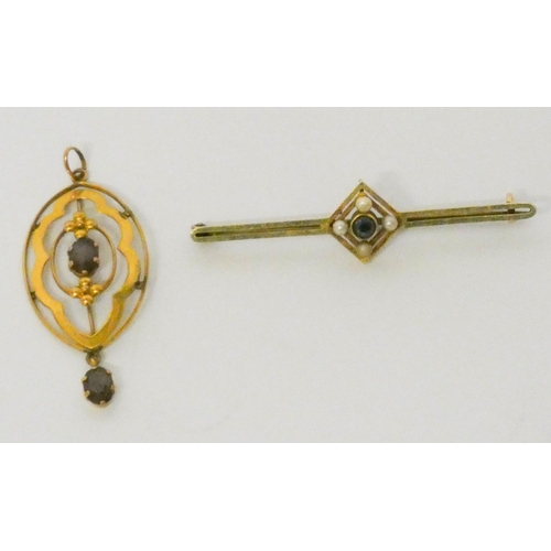 683 - Edwardian 15ct gold sapphire and pearl  bar  brooch and an oval 9ct gold amethyst vintage pendant. G... 