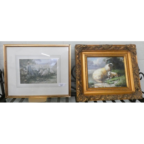 137 - A gilt framed print of a sheep with lamb and another framed print of sheep