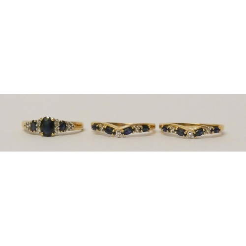 572 - A set of three sapphire and diamond rings, to be worn as a stack of 3 or singly, 9ct yellow gold, ri... 