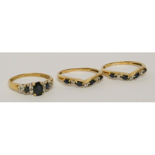 572 - A set of three sapphire and diamond rings, to be worn as a stack of 3 or singly, 9ct yellow gold, ri... 