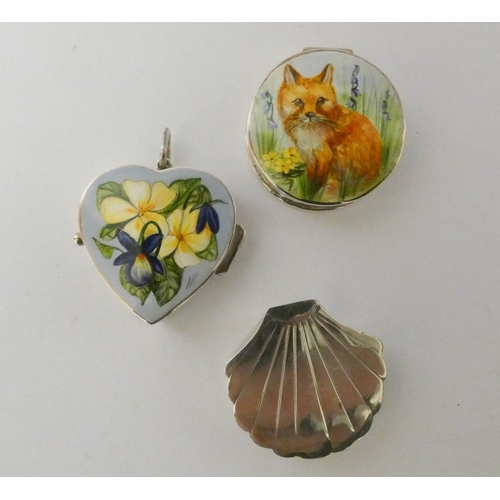 621 - Three modern silver hinged pill boxes, two decorated with enamel hand painted panels depicting a fox... 