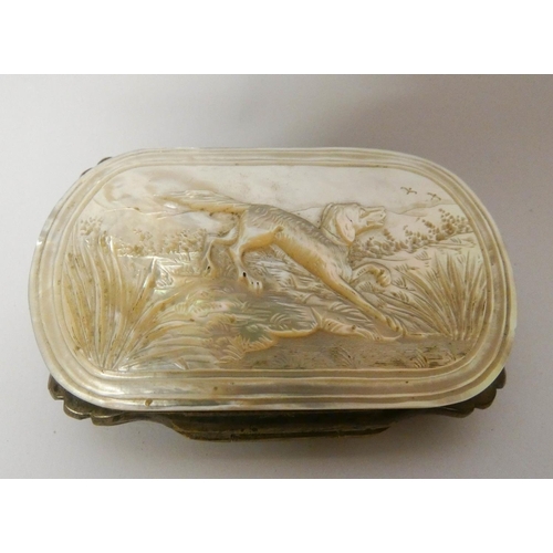 622 - Victorian ladies purse, made with carved panels of mother of pearl depicting a retriever dog.