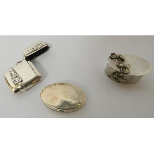 626 - Three modern silver hinged pill boxes, two oval and one shaped as a satchel in the Victorian style