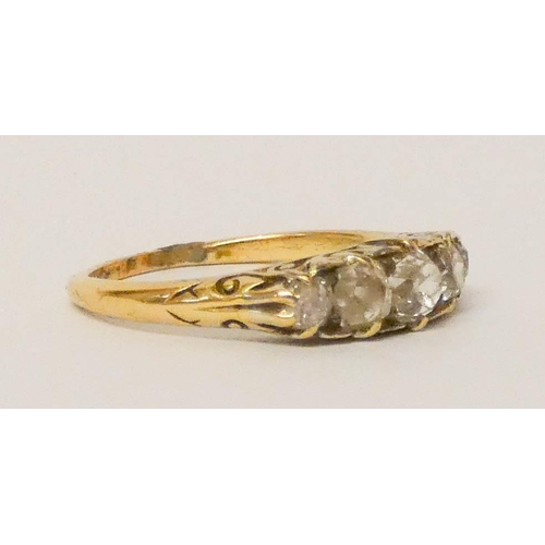 581 - Victorian 18ct gold five stone diamond half hoop ring in carved setting. Ring size O