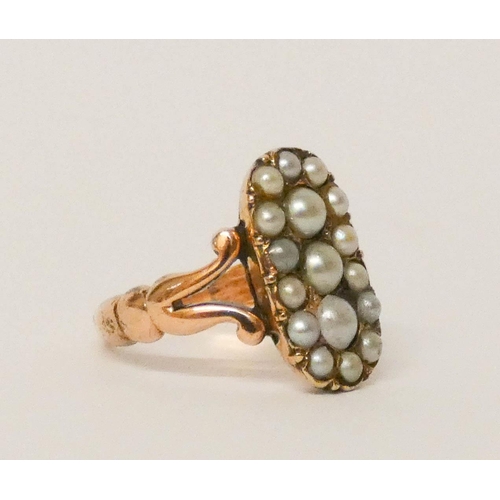 651 - Antique pearl panel ring, the oval closed back panel set with split pearls, all in rose gold. Size L