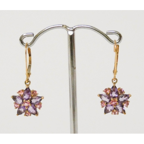 664 - Pair of amethyst cluster drop earrings, on 9ct yellow gold wires.