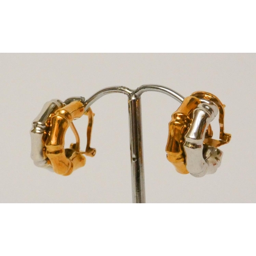 671 - Pair of modern 18ct two tone gold half hoop bamboo design earrings, with safety clasp & post fitting... 