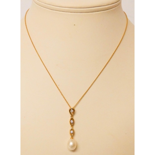 695 - 18ct yellow gold diamond and pearl pendant, on 18ct yellow gold chain