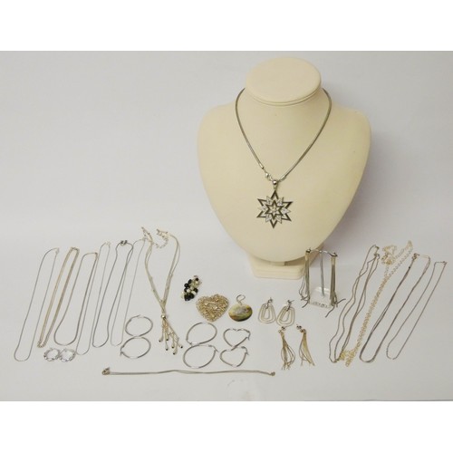 566 - Silver jewellery to include chains, CZ set pendants, earrings etc