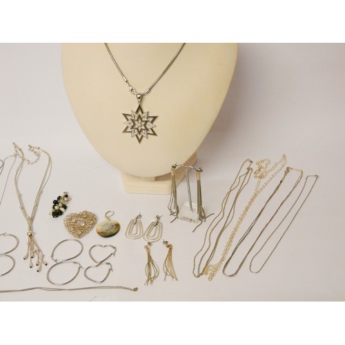 566 - Silver jewellery to include chains, CZ set pendants, earrings etc