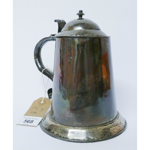 568 - A silver lidded tankard, of straight sided tapering form, the domed hinged cover with scrolled handl... 