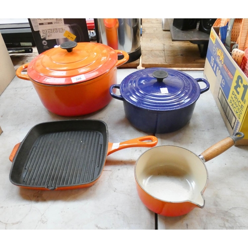 Large Le Creuset stewing pot, a smaller blue Le Creuset pot both with lids, small saucepan and grill