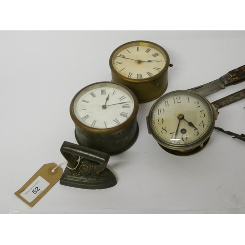 Three assorted clock works, two pocket knives, three corkscrews and a
