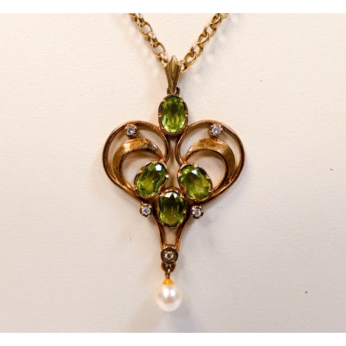 665 - An Edwardian design peridot and diamond pendant with pearl dropper, hallmarked 9ct, on a 9ct yellow ... 