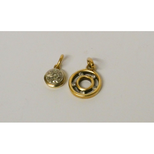 639 - A handmade diamond set circular gold pendant and a rose cut diamond pave circular pendant