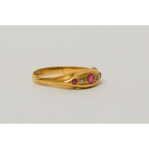 670 - Edwardian 18ct gold ruby and diamond half hoop ring, ring size S, 2.8 grams