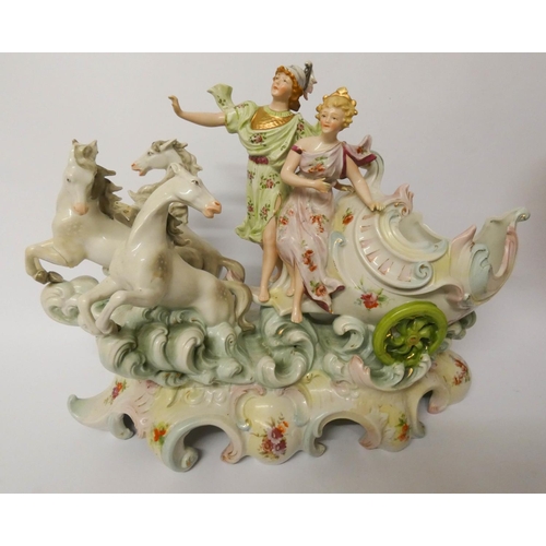 507 - A large Dresden style porcelain table centre piece depicting Neptune in his chariot together with a ... 