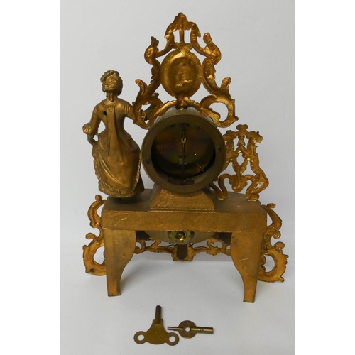 508 - A French gilt metal and porcelain panel mantel clock with two keys