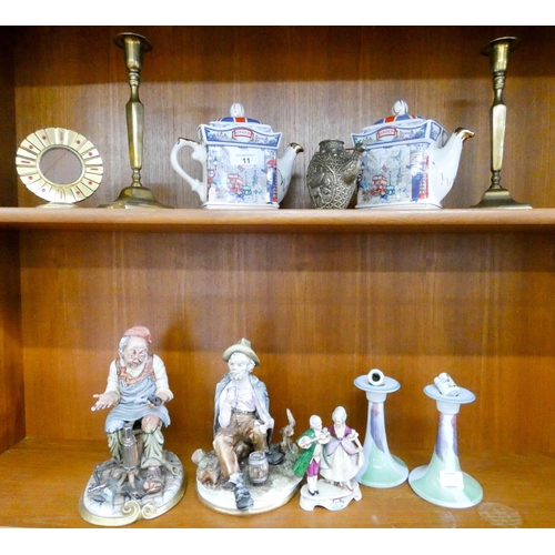 11 - Two Capodimonte figure ornaments, one other, pair of London teapots, pair of brass candlesticks etc