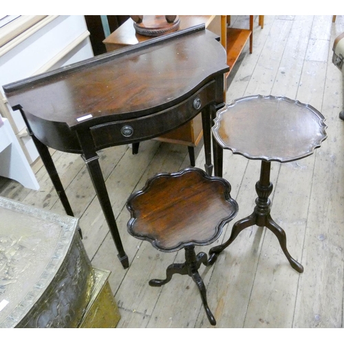 22 - Reproduction mahogany shaped front console table and two mahogany wine tables