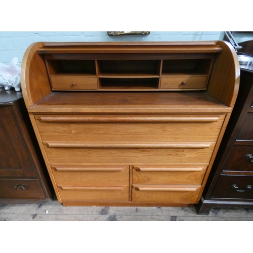 34 - A modern teak cylinder top bureau with drawers under, 3' wide