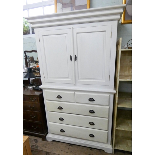 42 - A Victorian style cream tallboy, cupboards on chest of five drawers, 4' wide