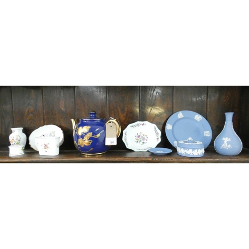 54 - Pieces of Wedgwood Jasper ware, Aynsley ornaments and a blue and gilt teapot